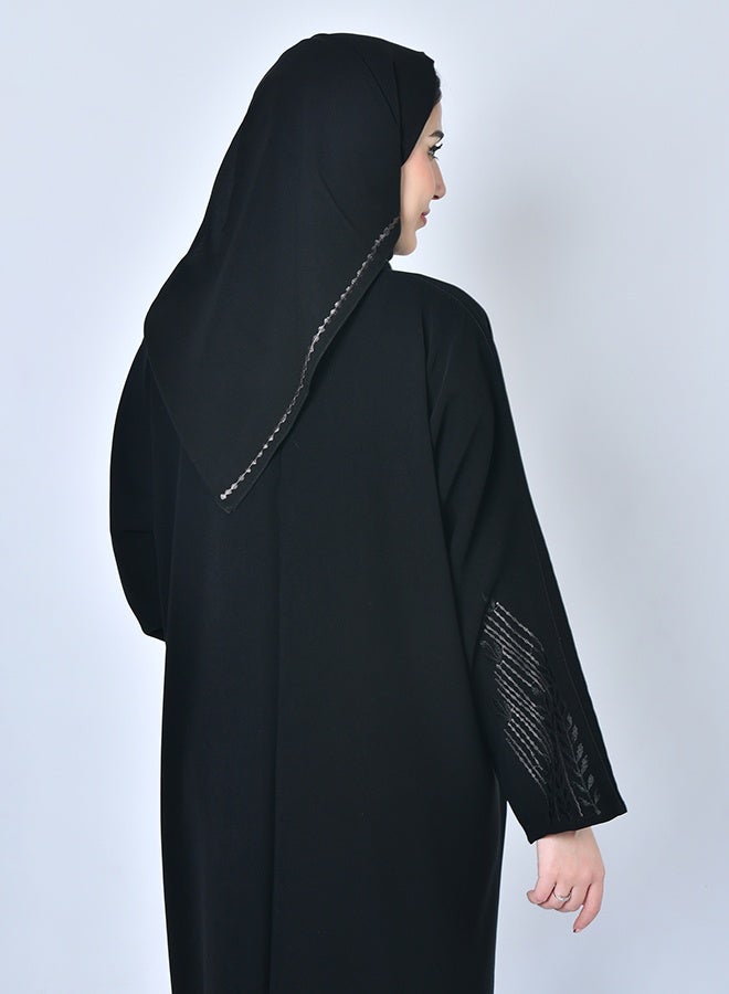 HAWRAA ABAYA Black wrap abaya with embroidery on both sides of the abaya and sleeves in black and dark grey - Image 4